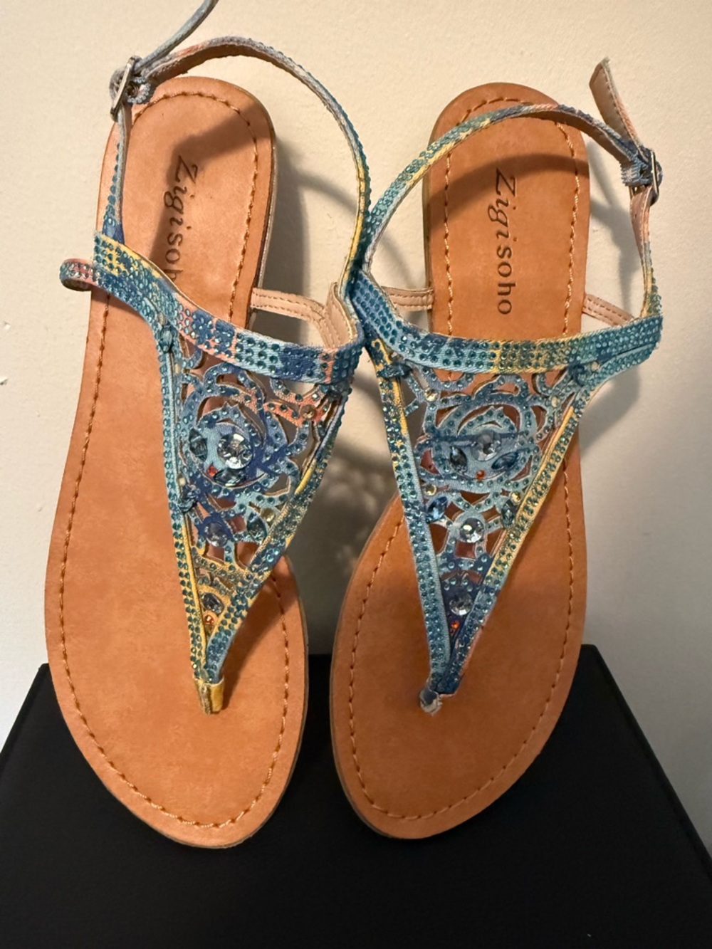 Zigi Soho Teal Blue Multicolor Beaded T-Strap Sandals
